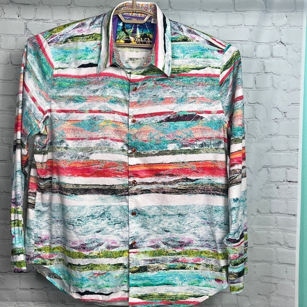 Robert Graham Shirt Mens 2XL Classic Fit Colorful Abstract Striped Emroidered